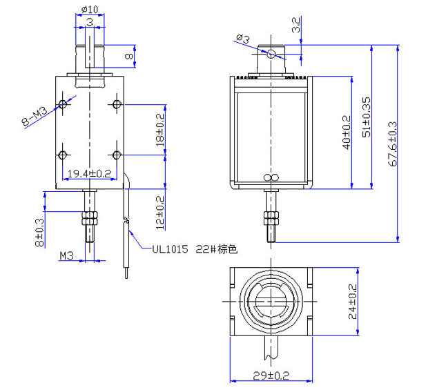 直流敲擊電磁鐵,24V播放機推拉式電磁鐵-尺寸圖